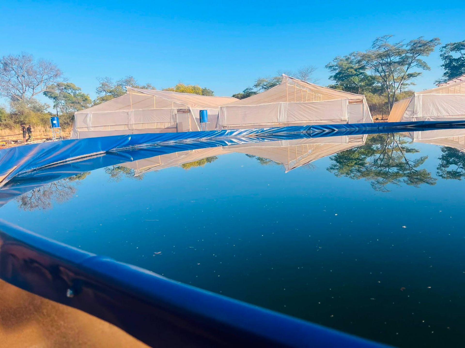 Greenhouses reflected in a water reservoir